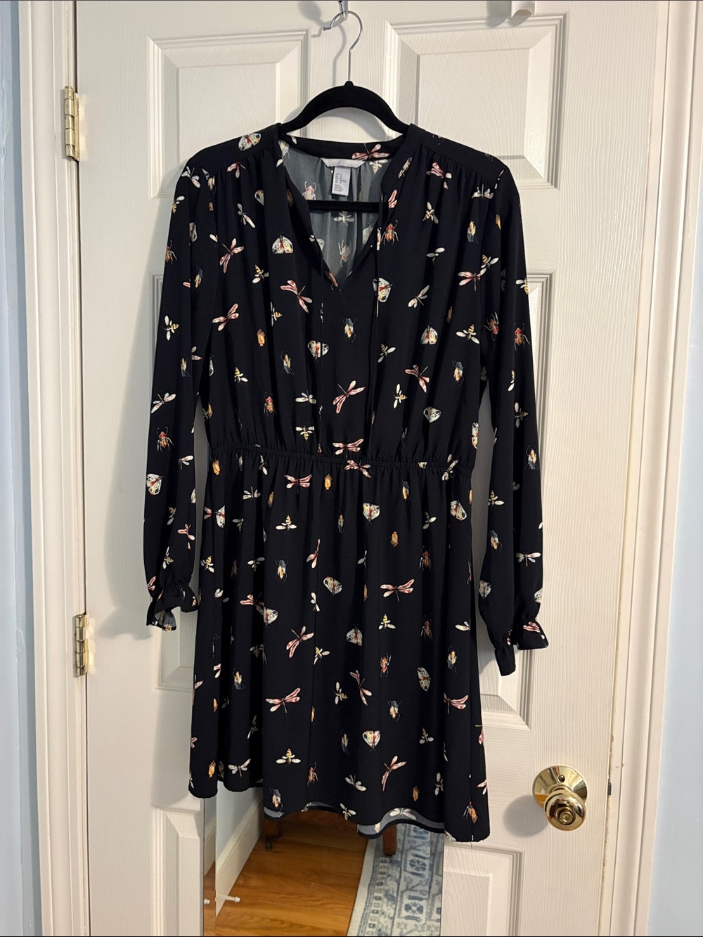 H&M Black Mini Dress with Pink & Cream Dragonfly Print